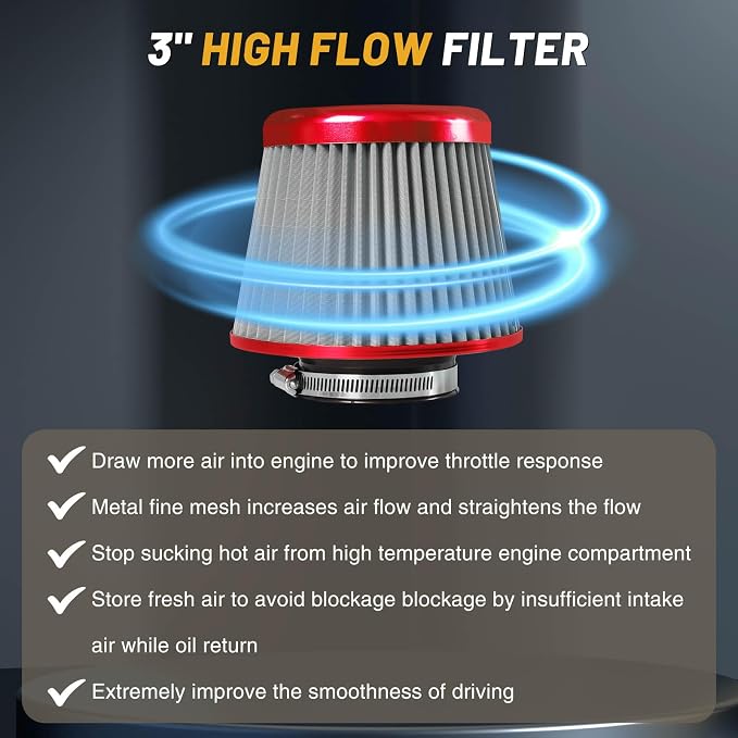 3" 76mm Universal High Flow Cold Air Intake Air Filter Upgraded Stainless Steel - Image 5