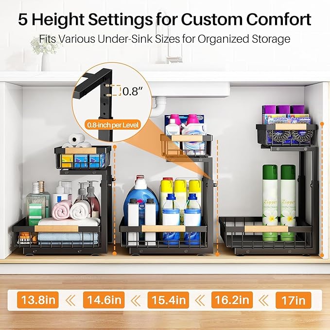 PXRACK 2 Pack Under Sink Organizer,Adjustable Height,2 Tier Pull Out Under Cabinet Organizer,Slide Out Thickened Metal Under Sink Storage for Kitchen Bathroom Laundry Cabinet Pantry,Black(S)