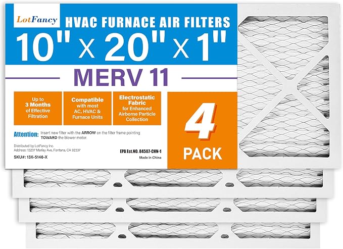 LotFancy 10x20x1 Air Filter MERV 11 4-Pack, Electrostatic Pleated AC Furnace by LotFancy