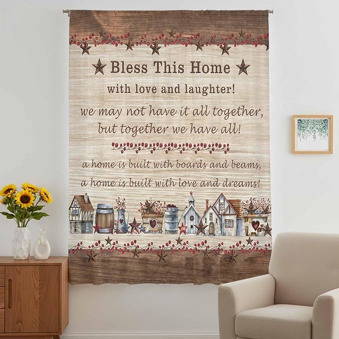 Farmhouse Sheer Curtains 84 Inch Length Brown Country Star Berry Vintage Wood - Image 5