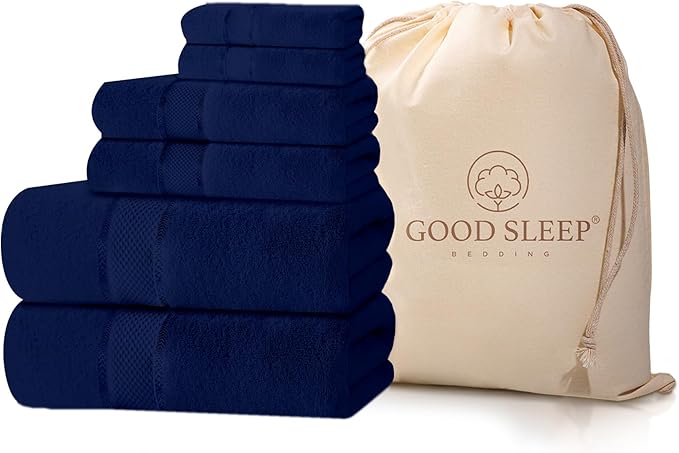 100% Cotton Bath Towel Set, Set of 6 Bath Towels, 2 Bath Towel, 2 Hand Towels, 2 Wash Cloths for Showering, Highly Absorbent Bathroom Set, Super Soft & Quick Dry Towels for Bathroom, Navy Blue
