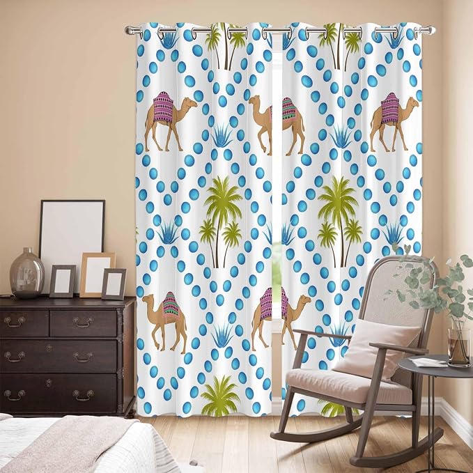 2 Panel Kitchen Cafe Curtains, Camels Palm Trees Sunlight Filtering Nature Air - Image 3