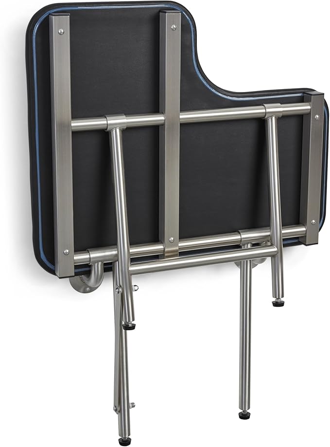 28" x 22.5" Black Padded Wall Mount Folding Right-Handed Transfer Bench Shower Seat with Legs, ADA Compliant