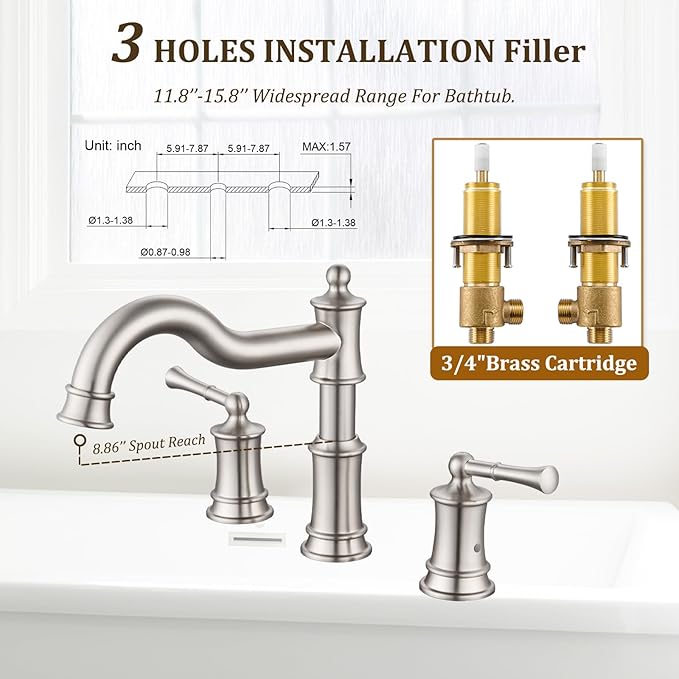 Roman Tub Faucet Classic Widespread Deck Mount Bathtub Faucet 3 Holes Brass High Flow Tub Filler, Rough in Valve Included, Brushed Nickel