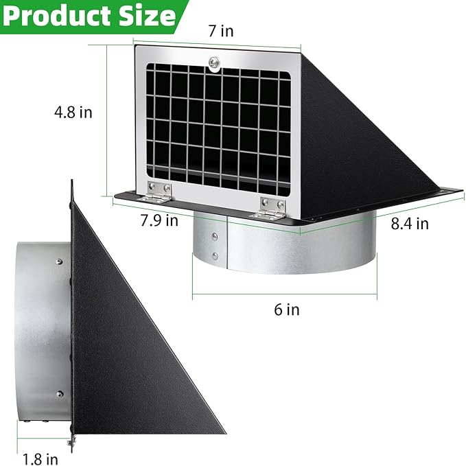 6 Inch Hooded Wall Vent with Mesh and Damper, 6in Dryer Vent Cover Outside - Image 2