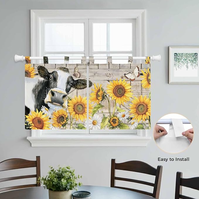 Yellow Sunflowers Kitchen Curtains 36 Inch Length, Small Window Curtains Tab Top - Image 4