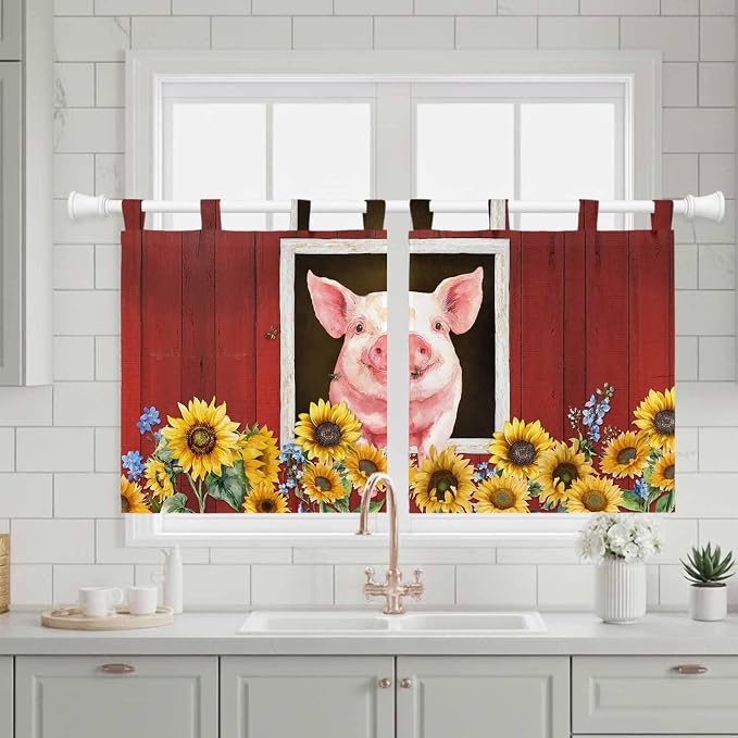 Pigs Sunflowers Kitchen Curtains 24 Inch Length, Small Window Curtains Tab Top - Image 3