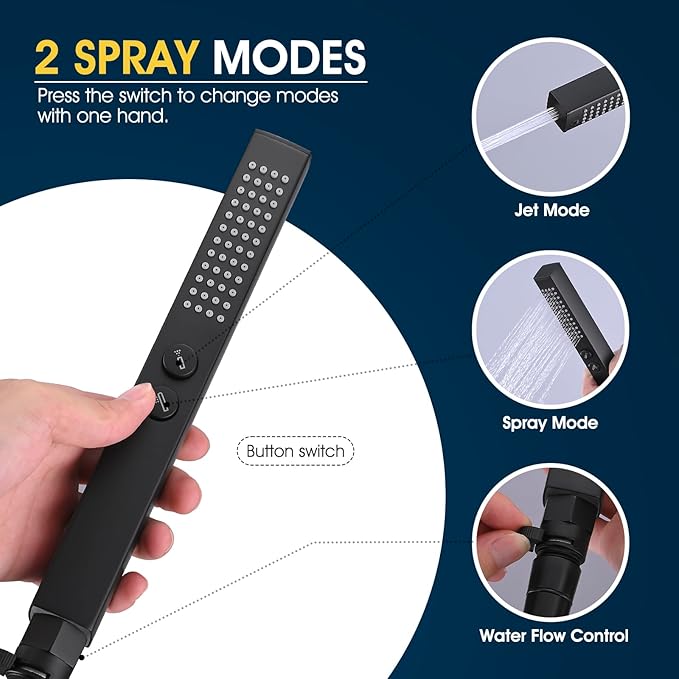 All-Metal High Pressure Square Handheld Shower Head with Jet Spray and Rainfall Modes, Volume Control Regulator, ON/OFF Switch, Hose and Wall Mounted Adjustable Bracket, Matt Black Color