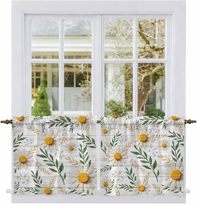 Spring Daisy Tier Curtains, Farmhouse Country Flower Leaf Plant Wood Grain by Unknown