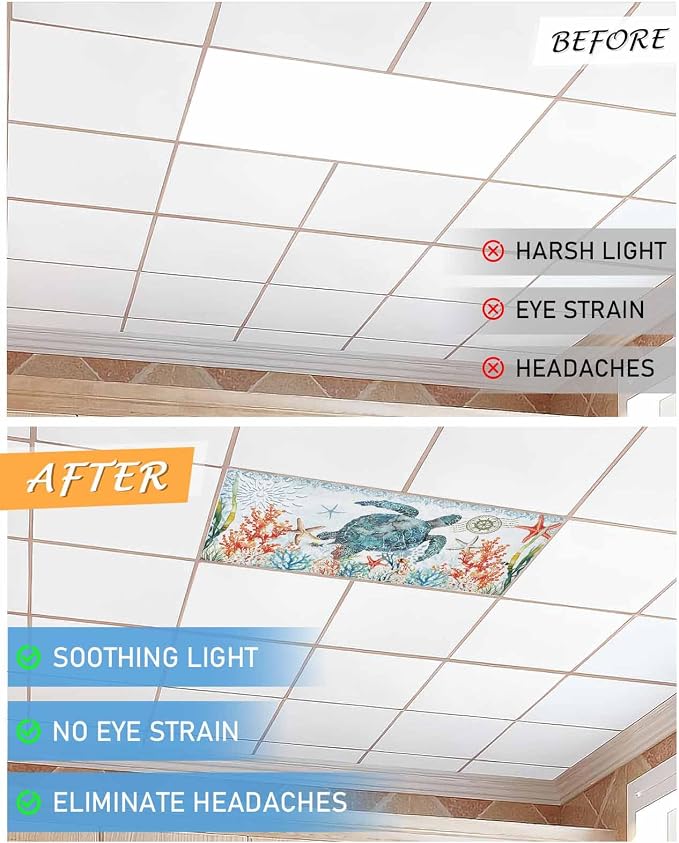3 Pack Teal Blue Sea Turtle Fluorescent Light Covers Coastal Ocean Coral - Image 7