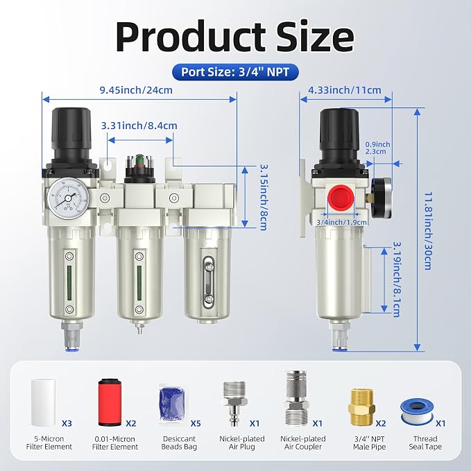 3/4" NPT Air Compressor Water Separator, Industrial Grade 3 Stage Air Drying - Image 2