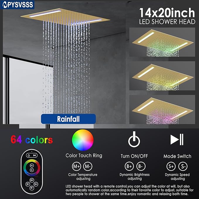 Thermostatic Shower System with 14x20 Inch Ceiling Mount LED Head & 6 Inch Wall Head and Handheld Shower 4 Function Vale with body jets Can All Run Together,Brushed Gold