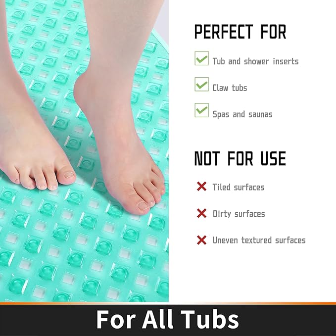 Yimobra Bathtub Mat Non Slip, Super Strong Suction Cups, 27.5"x15.5" Long Shower Mat with Drain Holes, Machine Washable Fast Draining Bath Mats, Bathroom Essentials,Clear Green