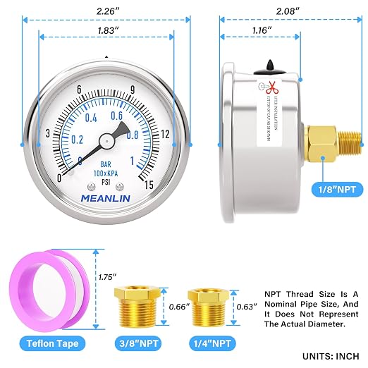 MEANLIN MEASURE 0~15Psi Dry Low Pressure Gauge Stainless Steel 1/8" NPT 2" FACE - Image 2