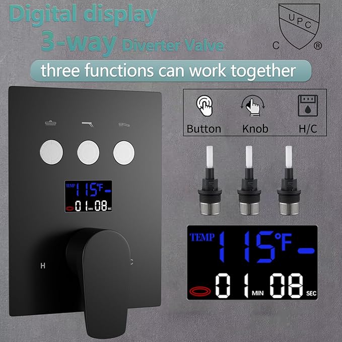 Bathroom Rainfall Shower System Wall Mount 8 Inch Shower Head With Handled Spray 6 Pcs jets Temperature Display Shower Faucet Set (Matte Black)