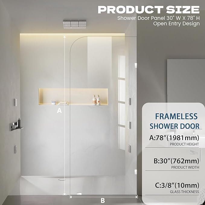 30" W ×78" H Shower Glass Panel, Frameless Fixed Glass Shower Panel with Clamps, 3/8"(10mm) Thick Clear Tempered Glass Shower Door, Bathroom Shower Screen in Polished Chrome Finish