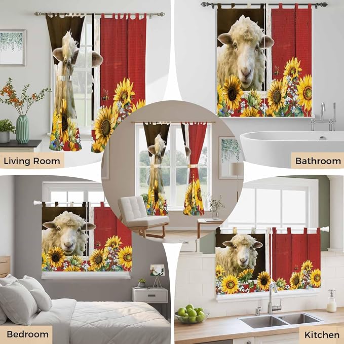 Sheep Flowers Bathroom Curtains 63 Inch Length, Window Curtains Tab Top - Image 7