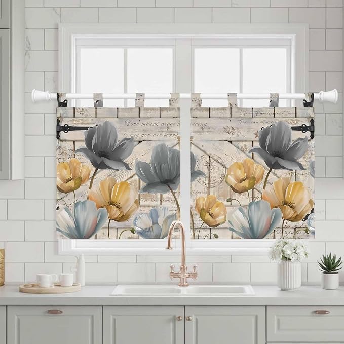 Spring Tulips Flower Kitchen Curtains 24 Inch Length, Small Window Curtains Tab - Image 3