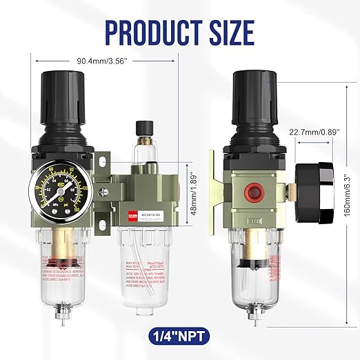 NPT 1/4 Air Regulator with Gauge, Air Compressor Water Separator with - Image 2