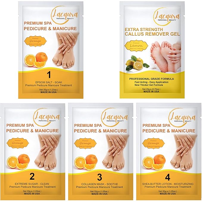 Epsom Salt Soak, Callus Remover Gel, Extreme Sugar Scrub, Collagen Mask & Shea Butter Lotion – Professional Spa Foot Care System 5 Step Luxury Pedicure Kit. Orange 12 Set