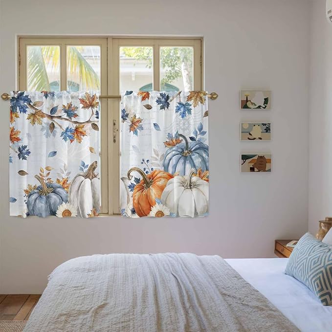 Fall Blue Maple Kitchen Curtains 54 Inch Long 2 Panel Set, Rod Pocket Window - Image 4