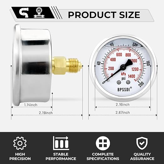 0-200 Psi Glycerin Liquid Filled Low Pressure Gauge, 2.5" Dial Size, 1/4" G - Image 3