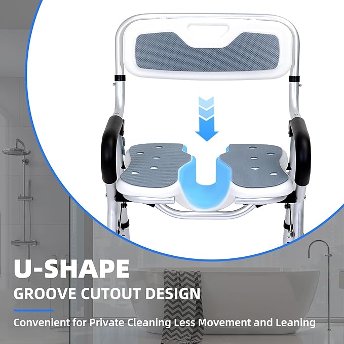 Shower Chair for Inside Shower,Foldable Shower Chair for Elderly and Disabled, Adjustable Height Chairs with Padded Arms and Back for Bathroom,Compact and Comfortable，Regular U-Shape