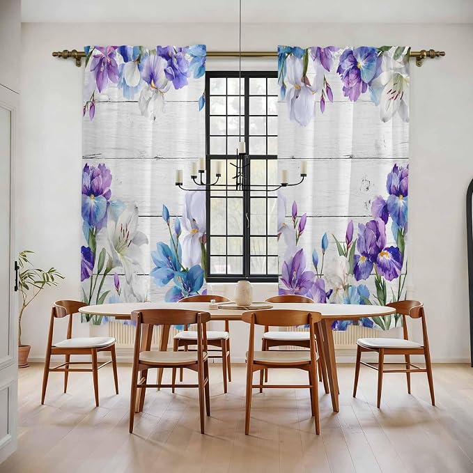 Spring Flowers Kitchen Curtains, Watercolor Garden Florals Wooden Grain Light - Image 2