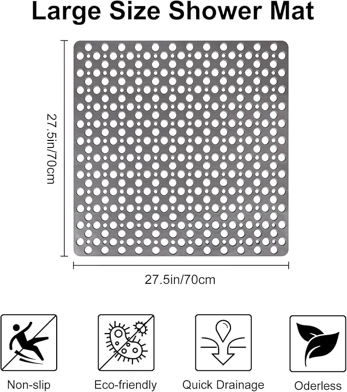 Anti Slip Shower Mat with Suction Cups,27x27 Inch Quick Drain TPE Non Slip Shower Mats for Inside Shower,Large Bath Mat for Shower Soft on Feet, Easy to Dry&Cut Machine Washable