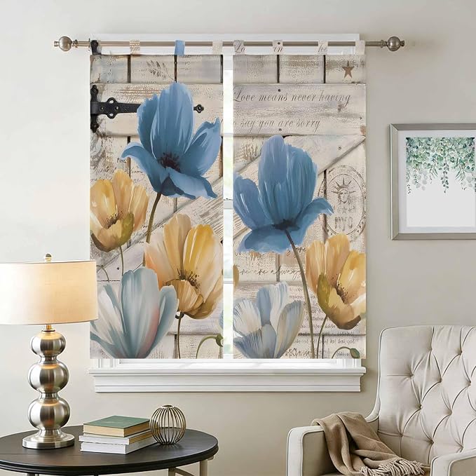 Blue Yellow Tulips Bathroom Curtains 63 Inch Length, Window Curtains Tab Top - Image 2