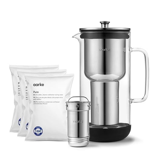 Aarke Purifier Regular 1.18L Glass Pitcher Bundle w/Steel Filter, 4 Pure Refill by aarke