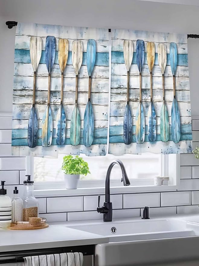 Sheer Curtains 54 Inch Length, Lake Paddle Striped Semi Sheer Curtains Light - Image 5
