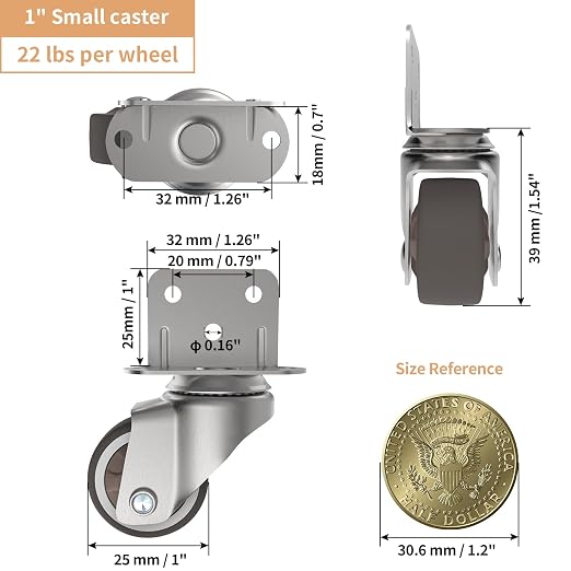 1" Small L-Shaped Plate Casters, Swivel Furniture Wheels, TPR Silent, Mounting - Image 3
