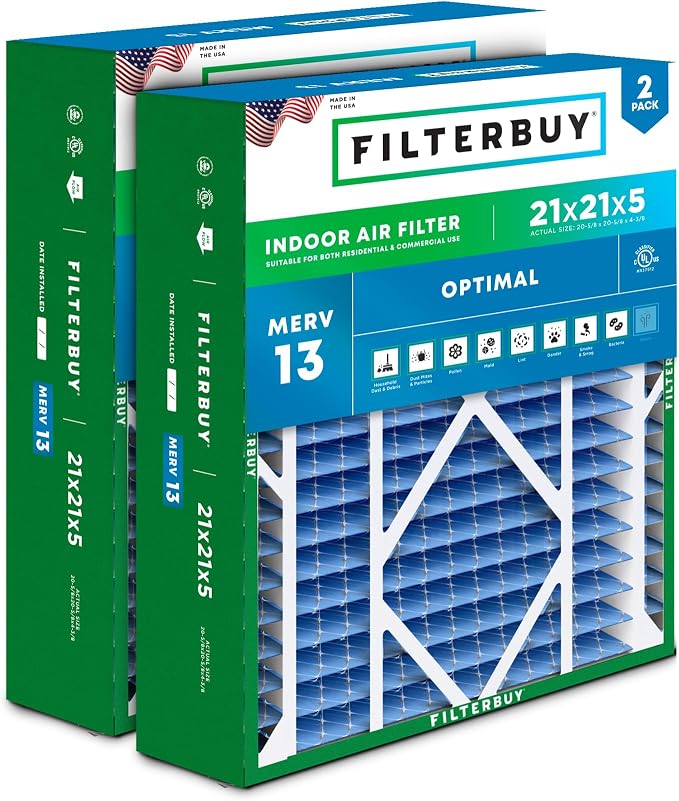 Filterbuy 21x21x5 Air Filter MERV 13 Optimal Smoke & Allergy Defense, by Filterbuy