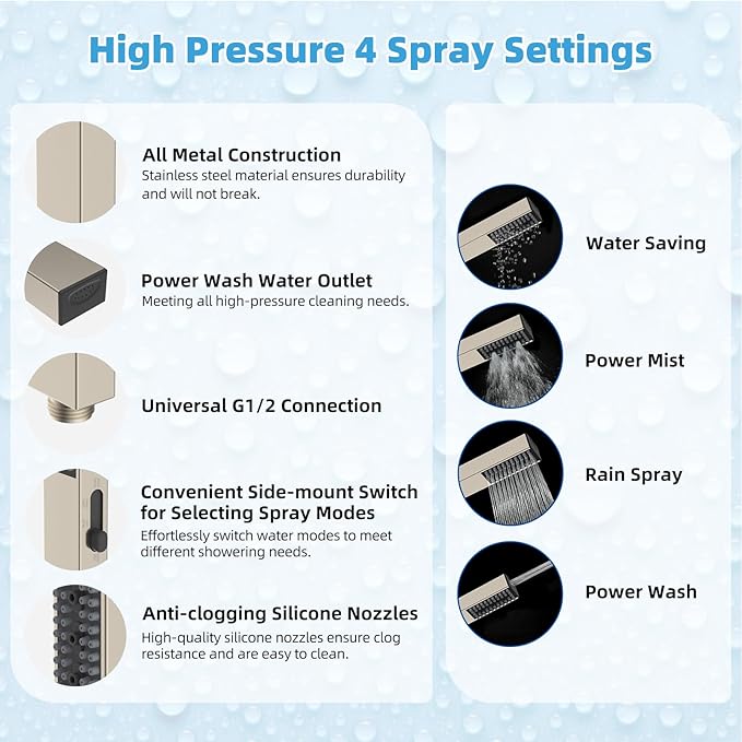 Hibbent All Metal CUPC Certified 8'' Rainfall Shower Head, Dual Shower Head Combo, High Pressure Handheld 4 Sprays Shower Wand, 16'' Adjustable Extension Arm, 71'' Hose, Shower Holder, Brushed Nickel