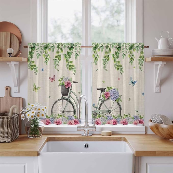 Farmhouse Spring Kitchen Curtains, Retro Bicycles Flowers Vines Butterfly Light by Unknown