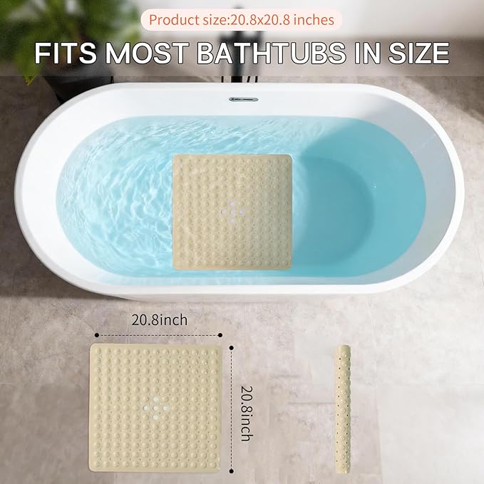 Anti-Slip Bathtub Shower mat, 20.8×20.8（Approximately 53×53cm） inch Soft Oversized Machine Washable Non-Slip Bathtub mat with Drainage Holes, Bathroom Floor Suction Cup.（1-Opaque Khaki）