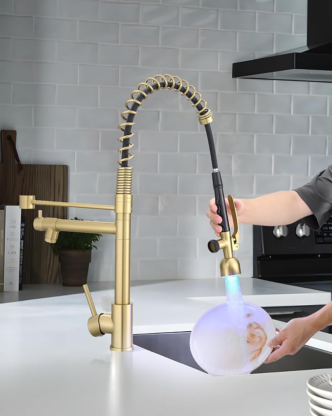Fapully Single Handle High Arc Brushed Gold Pull Down Kitchen Faucet LED - Image 4