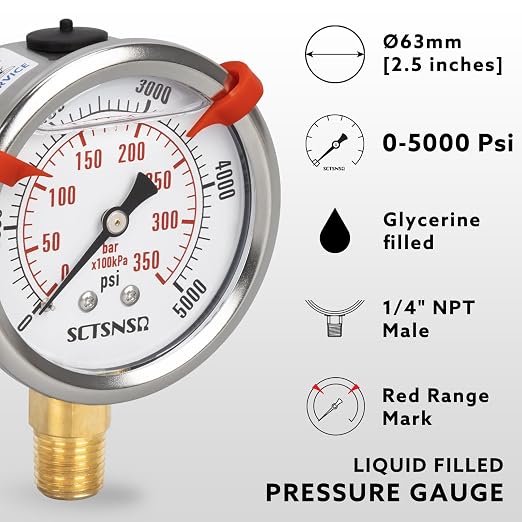 0 to 5000 Psi Hydraulic Pressure Gauge, Glycerin Liquid Filled, 2.5 inch Dial - Image 2