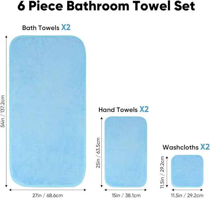 Orighty 6-Piece Towel Set - Soft & Lightweight - 2 Bath Towels, 2 Hand Towels, and 2 Wash Cloths - Absorbent & Quick Drying Microfiber Towel for Multipurpose, Bathroom, Gym, Sport, Yoga, Travel-Blue