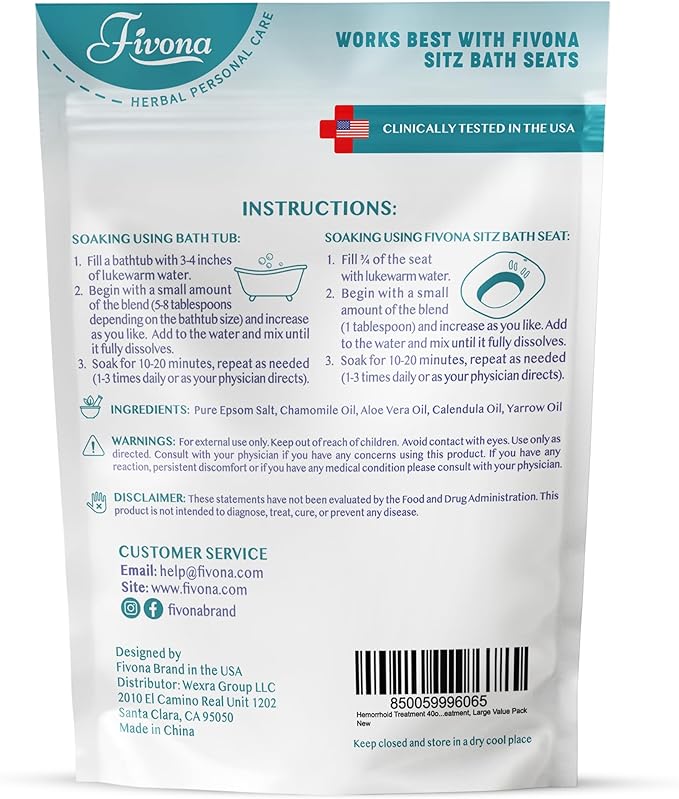 Hemorrhoid Treatment 40oz, Fivona Sitz Bath Salts, Postpartum Soaking Blend Epsom Salt with All Natural Oils for Self Care, Bartholin Cyst Treatment, Large Value Pack