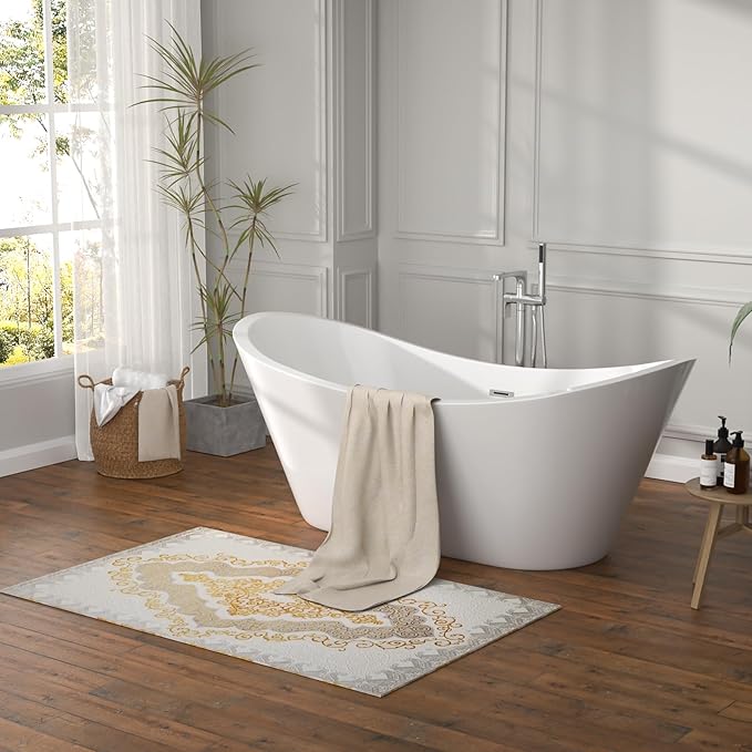 67" Freestanding Acrylic Bathtub – White Double Slipper Soaking Tub with Chrome Drain & Overflow, Glossy Finish for Modern Bathrooms #YSB9211