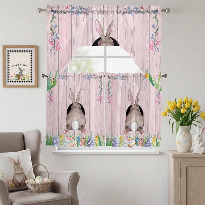 Swag Valance Curtains, Easter Cute Rabbit and Colorful Eggs Rod Pocket Valances - Image 3