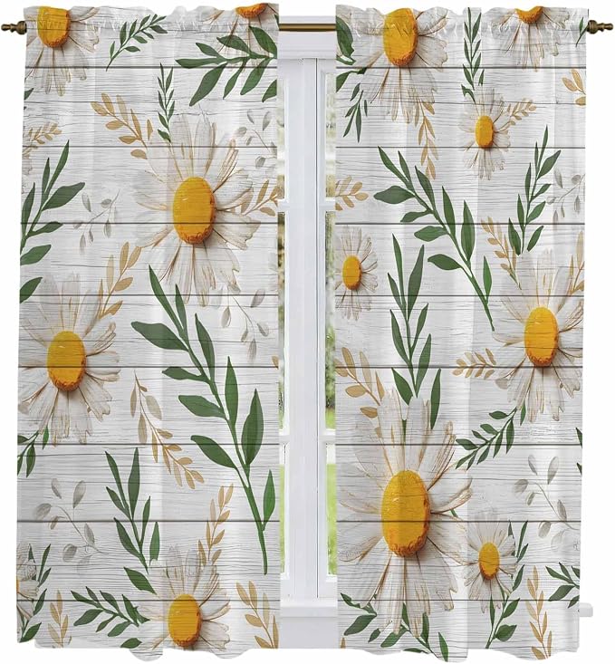 Spring Daisy Kitchen Curtains, Farmhouse Country Flower Leaf Plant Wood Grain by Unknown