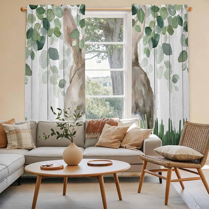 Easter Kitchen Curtains, Country Rabbit Botanical Leaves Wooden Grain Light - Image 3