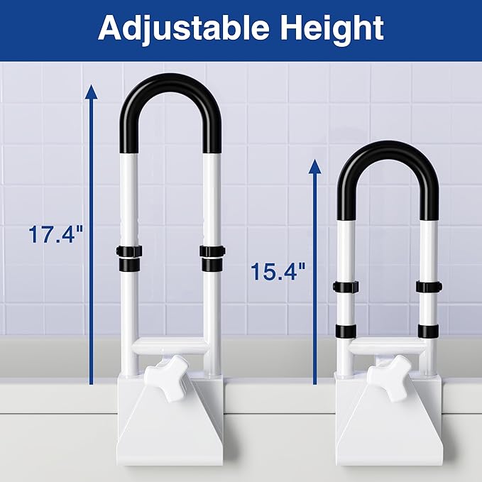 Adjustable Bathtub Safety Rail: Shower Grab Bar Handle for Seniors, Elderly, Disabled, Fits 3.1 to 6.7 Inch Tub Walls, Bathroom Safety Bars with Non-Slip Grip, Supports 300 lbs