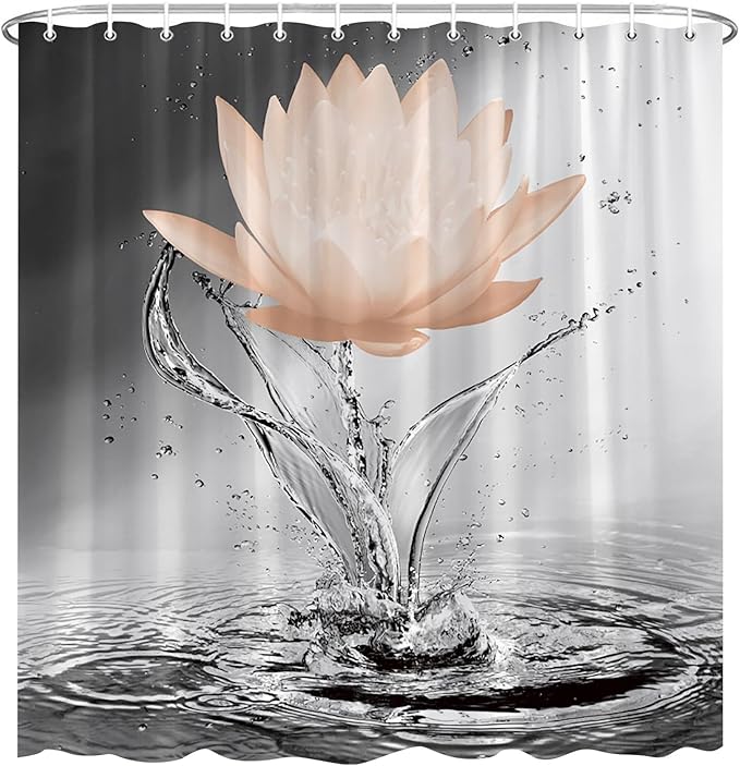 Lotus Shower Curtain Black White Grey Orange Flower Elegant Blooming Floral with Dew Spring Flower Reflection on Water Modern Romantic Polyester Fabric Bathroom Decor 86×70 Inch with Hook