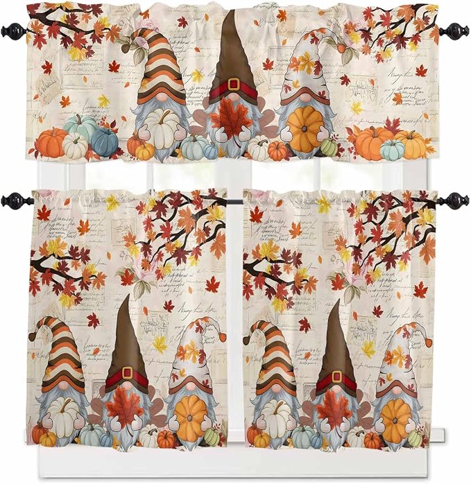 Fall Gnomes Kitchen Curtain Set, Thanksgiving Maple Leaf Rustic Pumpkin Window by Unknown