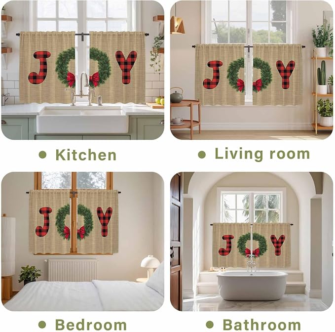 Red Green Christmas Kitchen Curtains 45 Inch Long 2 Panel Set, Rod Pocket - Image 8