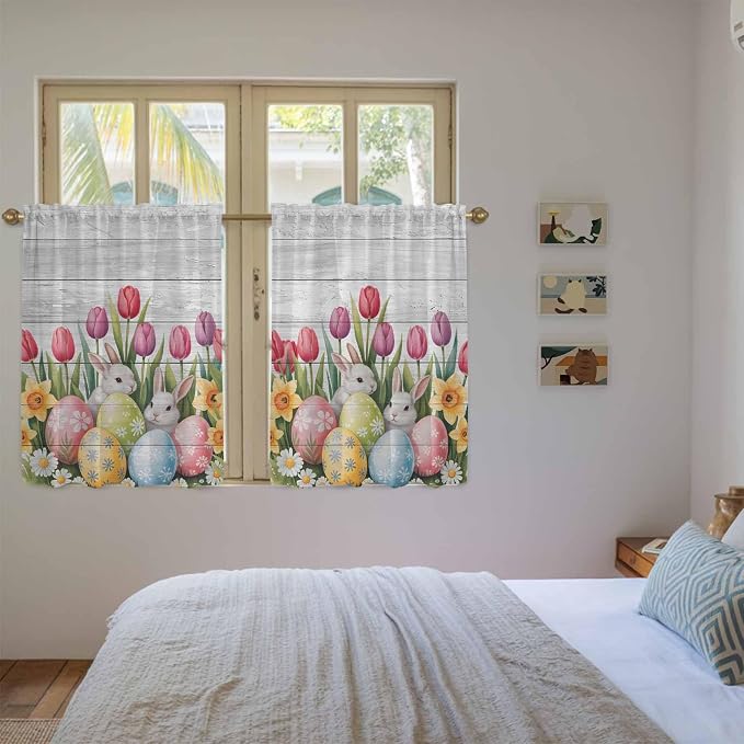 Easter Kitchen Curtains 45 Inch Long 2 Panel Set, Rod Pocket Window Treatment - Image 4